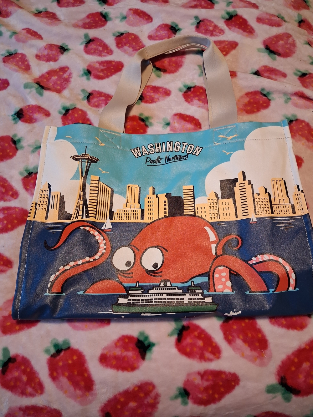 Washington Octopus Print Canvas Tote Bag in Blue and Orange